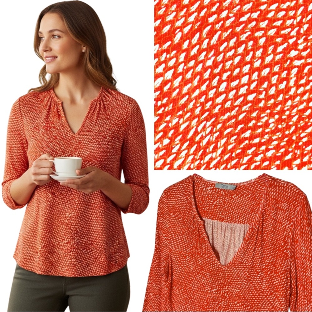 Dalia Women’s V-Neck Stretch Tunic Top Small Orange Red 3/4 Sleeve Summer